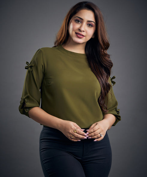 Bow Detailed Chiffon Khaki Top